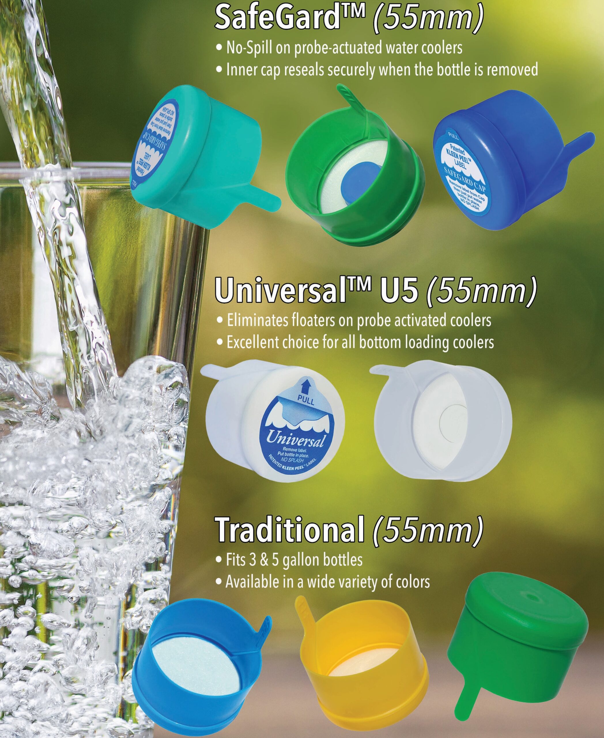 Different lids and their features in a grid with a glass of water being poured in the background